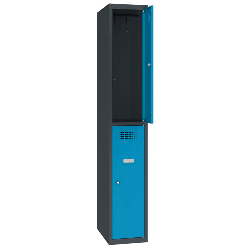 Schliessfachschrank Select 2 Fächer Abteilbreite 300mm Korpus Anthrazitgrau RAL 7016 Türen Lichtblau RAL 5012 Zylinderschloss