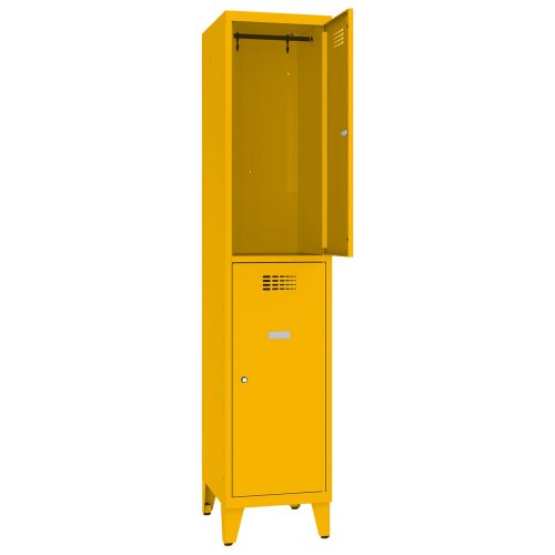 Schliessfachschrank Select 2 Fächer auf Füssen Abteilbreite 400mm Korpus Verkehrsgelb RAL 1023 Türen Verkehrsgelb RAL 1023 Zylinderschloss