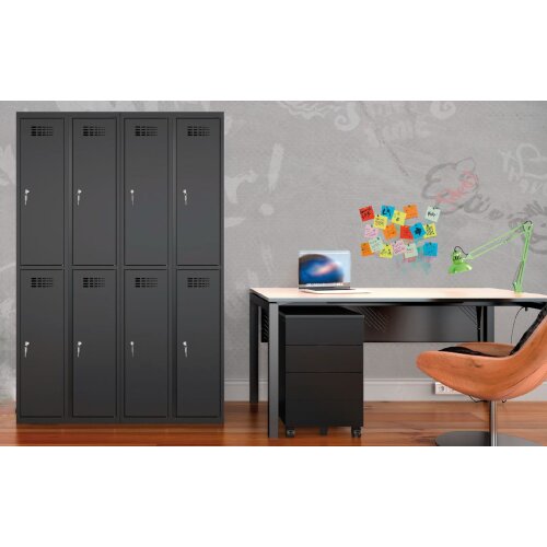 Schliessfachschrank Select 4 Fächer Abteilbreite 300mm Korpus Tiefschwarz RAL 9005 Türen Reinorange RAL 2004 Drehriegel
