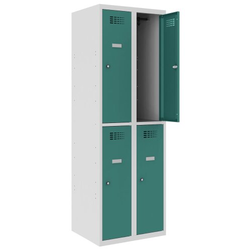 Schliessfachschrank Select 4 Fächer Abteilbreite 300mm Korpus Lichtgrau RAL 7035 Türen Mint RAL6033 Zylinderschloss