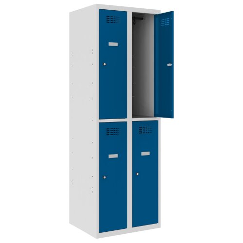 Schliessfachschrank Select 4 Fächer Abteilbreite 400mm Korpus Lichtgrau RAL 7035 Türen Enzianblau RAL 5010 Zylinderschloss