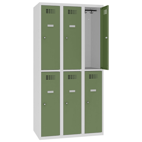 Schliessfachschrank Select 6 Fächer Abteilbreite 300mm Korpus Lichtgrau RAL 7035 Türen Resedagrün RAL 6011 Drehriegel