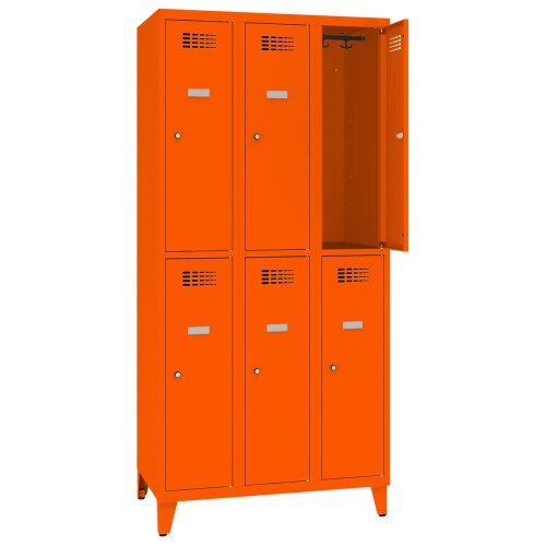 Schliessfachschrank Select 6 Fächer auf Füssen Abteilbreite 400mm Korpus Reinorange RAL 2004 Türen Reinorange RAL 2004 Zylinderschloss
