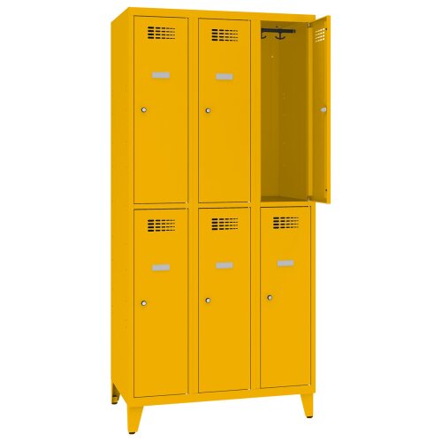 Schliessfachschrank Select 6 Fächer auf Füssen Abteilbreite 400mm Korpus Verkehrsgelb RAL 1023 Türen Verkehrsgelb RAL 1023 Zylinderschloss