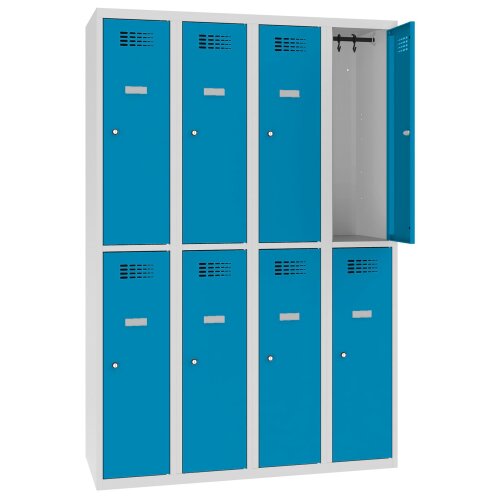 Schliessfachschrank Select 8 Fächer Abteilbreite 300mm Korpus Lichtgrau RAL 7035 Türen Lichtblau RAL 5012 Drehriegel