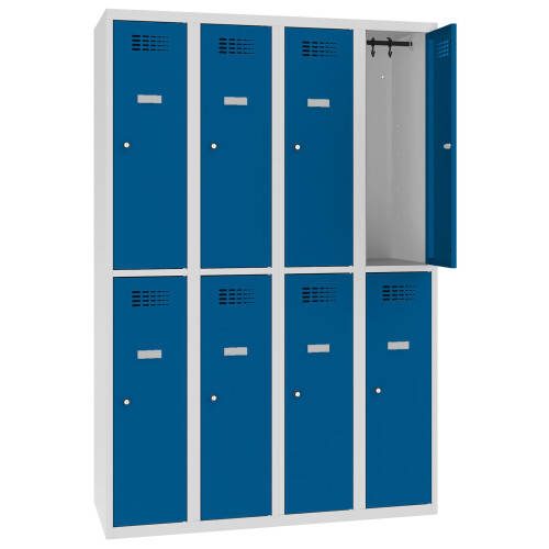 Schliessfachschrank Select 8 Fächer Abteilbreite 300mm Korpus Lichtgrau RAL 7035 Türen Enzianblau RAL 5010 Drehriegel