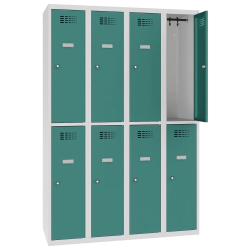 Schliessfachschrank Select 8 Fächer Abteilbreite 300mm Korpus Lichtgrau RAL 7035 Türen Mint RAL6033 Zylinderschloss