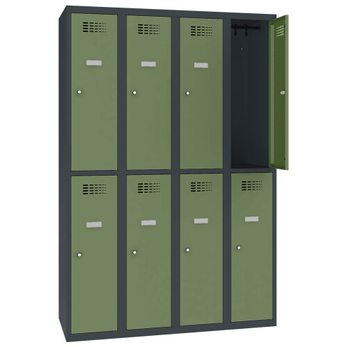 Schliessfachschrank Select 8 Fächer Abteilbreite 300mm Korpus Tiefschwarz RAL 9005 Türen Resedagrün RAL 6011 Zylinderschloss