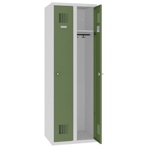 Spind Select 2 Abteile Abteilbreite 300mm Korpus Lichtgrau RAL 7035 Türen Resedagrün RAL 6011 Drehriegel