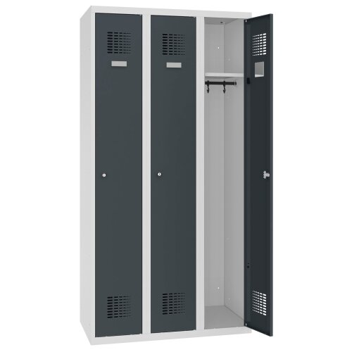 Spind Select 3 Abteile Abteilbreite 300mm Korpus Lichtgrau RAL 7035 Türen Anthrazitgrau RAL 7016 Drehriegel