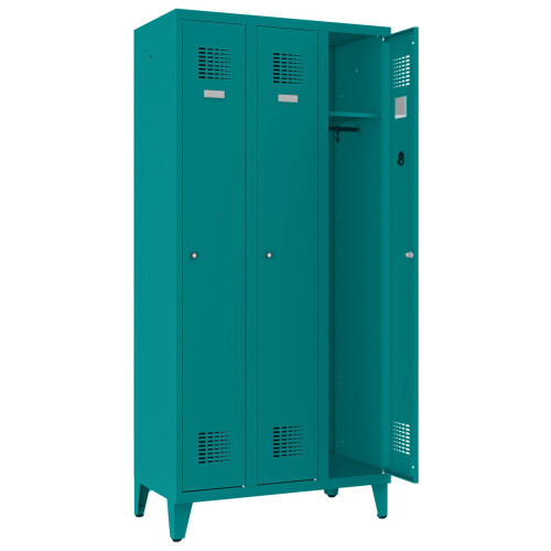 Spind Select 3 Abteile auf Füssen Abteilbreite 300mm Korpus Türkisblau RAL 5018 Türen Türkisblau RAL 5018 Drehriegel