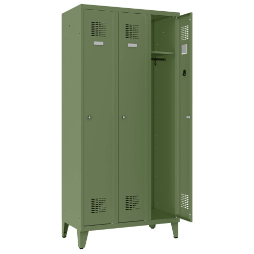 Spind Select 3 Abteile auf Füssen Abteilbreite 300mm Korpus Resedagrün RAL 6011 Türen Resedagrün RAL 6011 Zylinderschloss