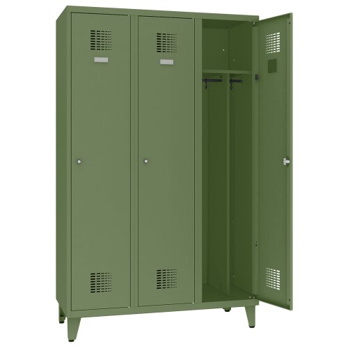 Spind Select 3 Abteile auf Füssen Abteilbreite 400mm Korpus Resedagrün RAL 6011 Türen Resedagrün RAL 6011 Zylinderschloss