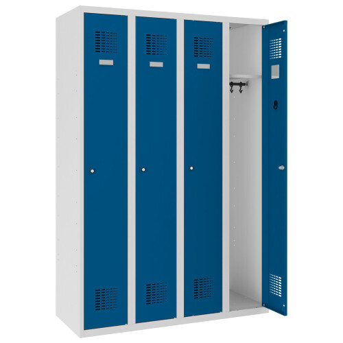 Spind Select 4 Abteile Abteilbreite 300mm Korpus Lichtgrau RAL 7035 Türen Enzianblau RAL 5010 Drehriegel