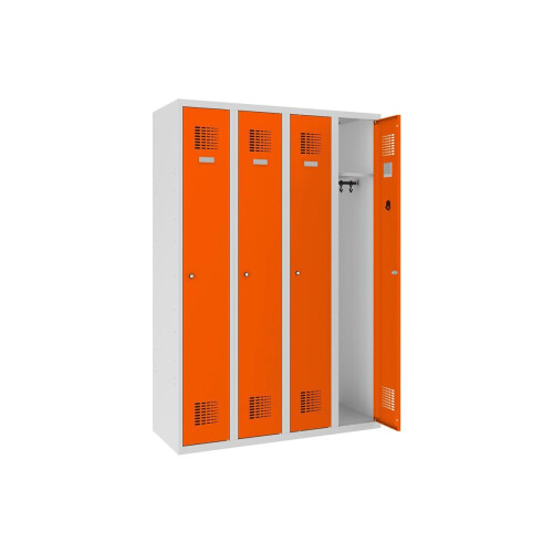 Spind Select 4 Abteile Abteilbreite 300mm Korpus Lichtgrau RAL 7035 Türen Reinorange RAL 2004 Zylinderschloss