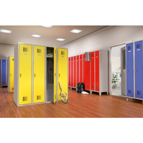 Spind Select 4 Abteile Abteilbreite 300mm Korpus Verkehrsrot RAL 3020 Türen Verkehrsrot RAL 3020 Zylinderschloss