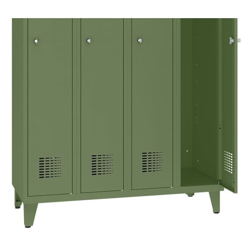 Spind Select 4 Abteile auf Füssen Abteilbreite 300mm Korpus Resedagrün RAL 6011 Türen Resedagrün RAL 6011 Zylinderschloss