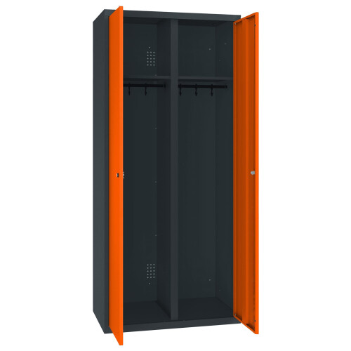 Spind Select 2 Abteile mittig schliessend Abteilbreite 300mm Korpus Anthrazitgrau RAL 7016 Türen Reinorange RAL 2004 Zylinderschloss