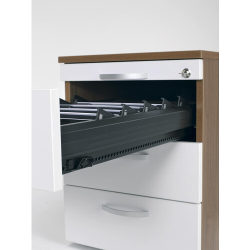 Rollcontainer 80 cm tief, mit 3 Schubladen, Dekor Front: Nussbaum Dunkel, Dekor Korpus: Weiss