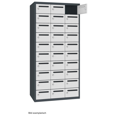 Postverteilerschrank 30 Fächer Abteilbreite 300mm Korpus Tiefschwarz RAL 9005 Türen Lichtgrau RAL 7035