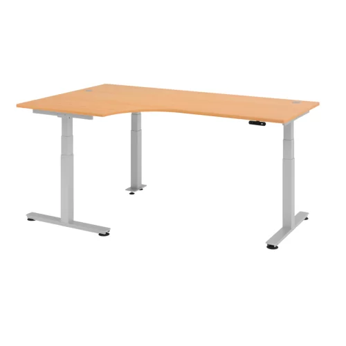 Elektrisch höhenverstellbarer Winkelschreibtisch 90°, mit Memoryschalter 200x120 cm Buche/Silber