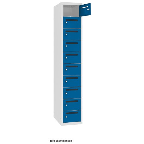 Postverteilerschrank 10 Fächer Abteilbreite 300mm Korpus Lichtgrau RAL 7035 Türen Enzianblau RAL 5010