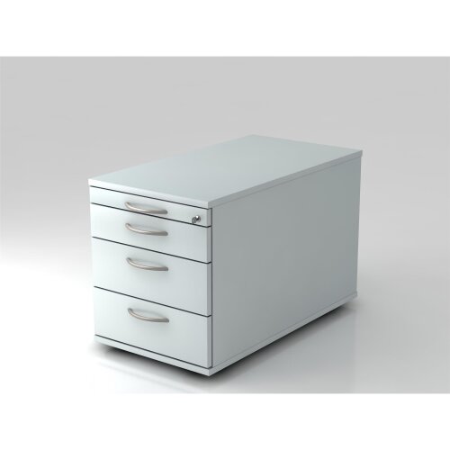 Rollcontainer mit 3 Schubladen, 1 x Utensilienfach, 80 cm Tief abschließbar Grau/ Grau