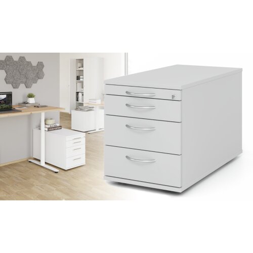 Rollcontainer mit 3 Schubladen, 1 x Utensilienfach, 80 cm Tief abschließbar Grau/ Grau