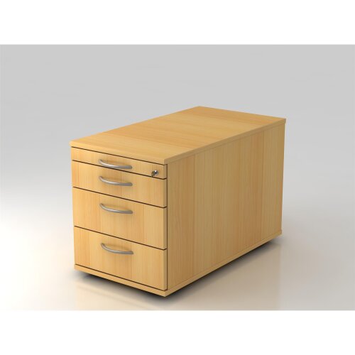 Rollcontainer mit 3 Schubladen, 1 x Utensilienfach, 80 cm Tief abschließbar Buche/ Buche