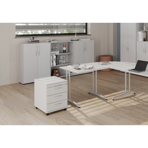 Rollcontainer mit 3 Schubladen, 1 x Utensilienfach, 58 cm Tief abschließbar Eiche/ Eiche