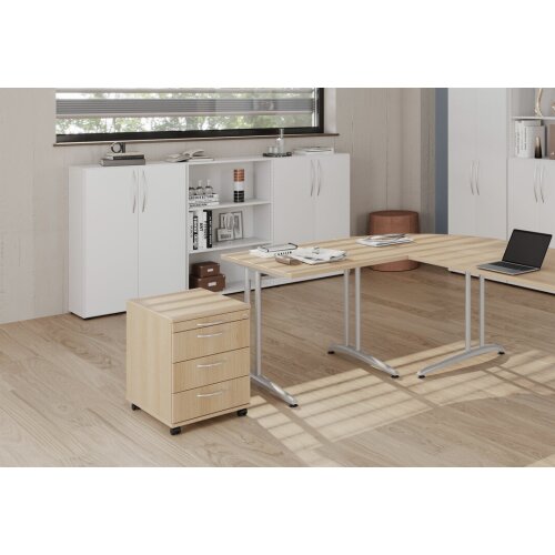 Rollcontainer mit 3 Schubladen, 1 x Utensilienfach, 58 cm Tief abschließbar Eiche/ Eiche