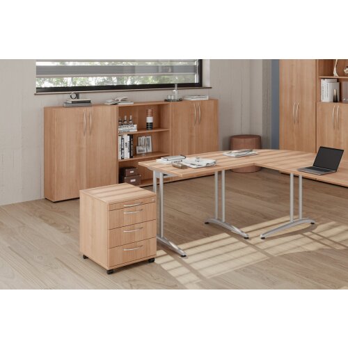 Rollcontainer mit 3 Schubladen, 1 x Utensilienfach, 58 cm Tief abschließbar Eiche/ Eiche