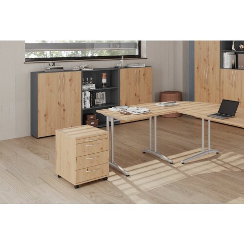 Rollcontainer mit 3 Schubladen, 1 x Utensilienfach, 58 cm Tief abschließbar Eiche/ Eiche