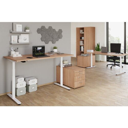 Rollcontainer mit 3 Schubladen, 1 x Utensilienfach, 80 cm Tief abschließbar Nussbaum hell/ Nussbaum hell