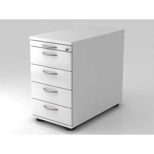 Standcontainer mit 4 Schubladen, 1 x Utensilienfach, 80 cm Tief abschließbar Weiss/ Weiss