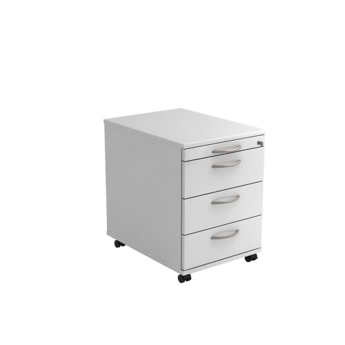 Rollcontainer mit 3 Schubladen, 1 x Utensilienfach, 58 cm Tief abschließbar Weiss/ Weiss