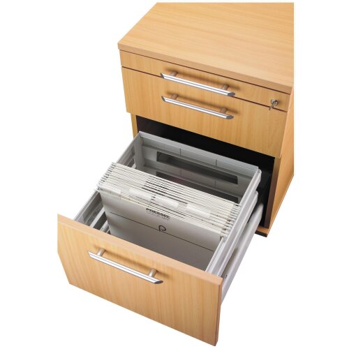 Rollcontainer mit 3 Schubladen, 1 x Utensilienfach, 58 cm Tief abschließbar Ahorn/ Ahorn