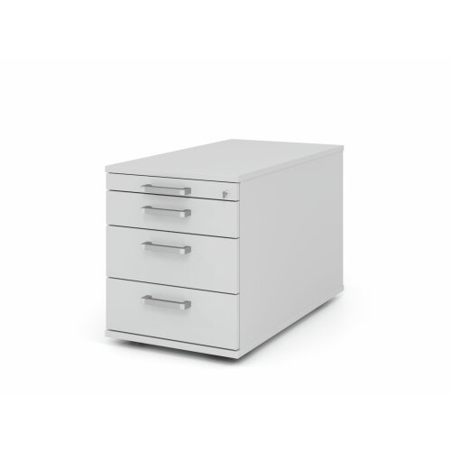 Rollcontainer mit 3 Schubladen, 1 x Utensilienfach, 80 cm Tief abschließbar Grau/ Grau