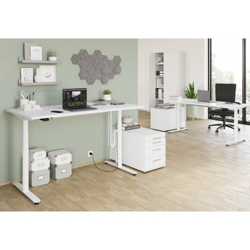 Rollcontainer mit 3 Schubladen, 1 x Utensilienfach, 80 cm Tief abschließbar Weiss/ Weiss