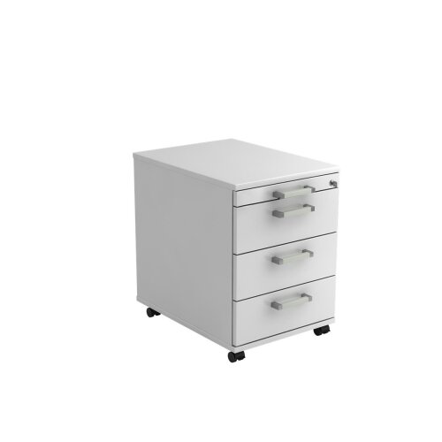 Rollcontainer mit 3 Schubladen, 1 x Utensilienfach, 58 cm Tief abschließbar Weiss/ Weiss