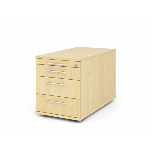 Rollcontainer mit 3 Schubladen, 1 x Utensilienfach, 80 cm Tief abschließbar Ahorn/ Ahorn