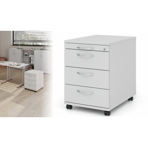 Rollcontainer mit 3 Schubladen, 1 x Utensilienfach, 58 cm Tief abschließbar Eiche/ Eiche