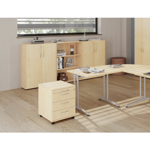 Rollcontainer mit 3 Schubladen, 1 x Utensilienfach, 58 cm Tief abschließbar Eiche/ Eiche