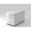 Rollcontainer mit 3 Schubladen, 1 x Utensilienfach, 80 cm Tief abschließbar Weiss/ Weiss