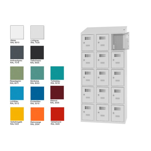 Fächerschrank mit Lademöglichkeit Select 15 Fächer 300mm Abteilbreite Korpus Lichtgrau RAL 7035 Türen Enzianblau RAL 5010