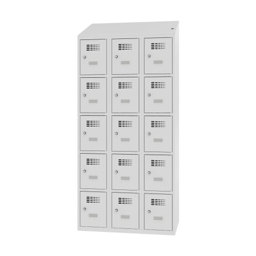 Fächerschrank mit Lademöglichkeit Select 15 Fächer 300mm Abteilbreite Korpus Lichtgrau RAL 7035 Türen Enzianblau RAL 5010