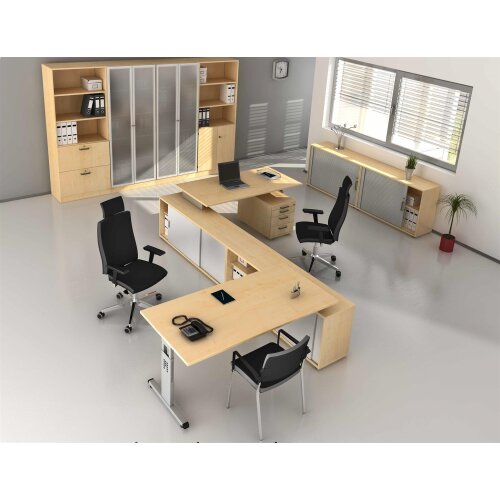 Glastürenschrank 5 Ordnerhöhen mit Sockelblende, 80 cm Breit 200,4 cm Hoch, nicht abschließbar Weiss/ Silber