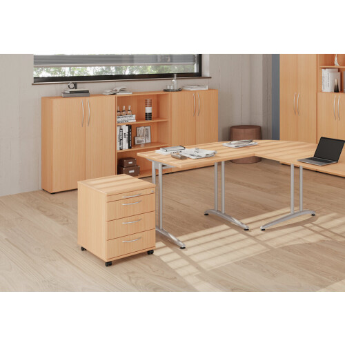 Rollcontainer mit 3 Schubladen, 1 x Utensilienfach, 58 cm Tief abschließbar Ahorn/ Ahorn