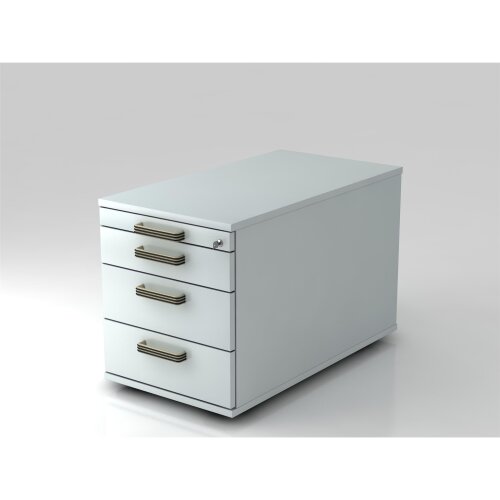 Rollcontainer mit 3 Schubladen, 1 x Utensilienfach, 80 cm Tief abschließbar Grau/ Grau