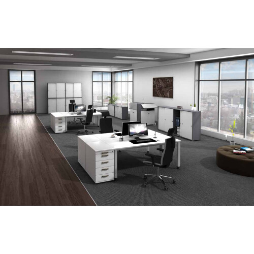 Aktenschrank 3 Ordnerhöhen mit Sockelblende, 80 cm Breit, 127 cm Hoch, abschließbar Grau/ Grau